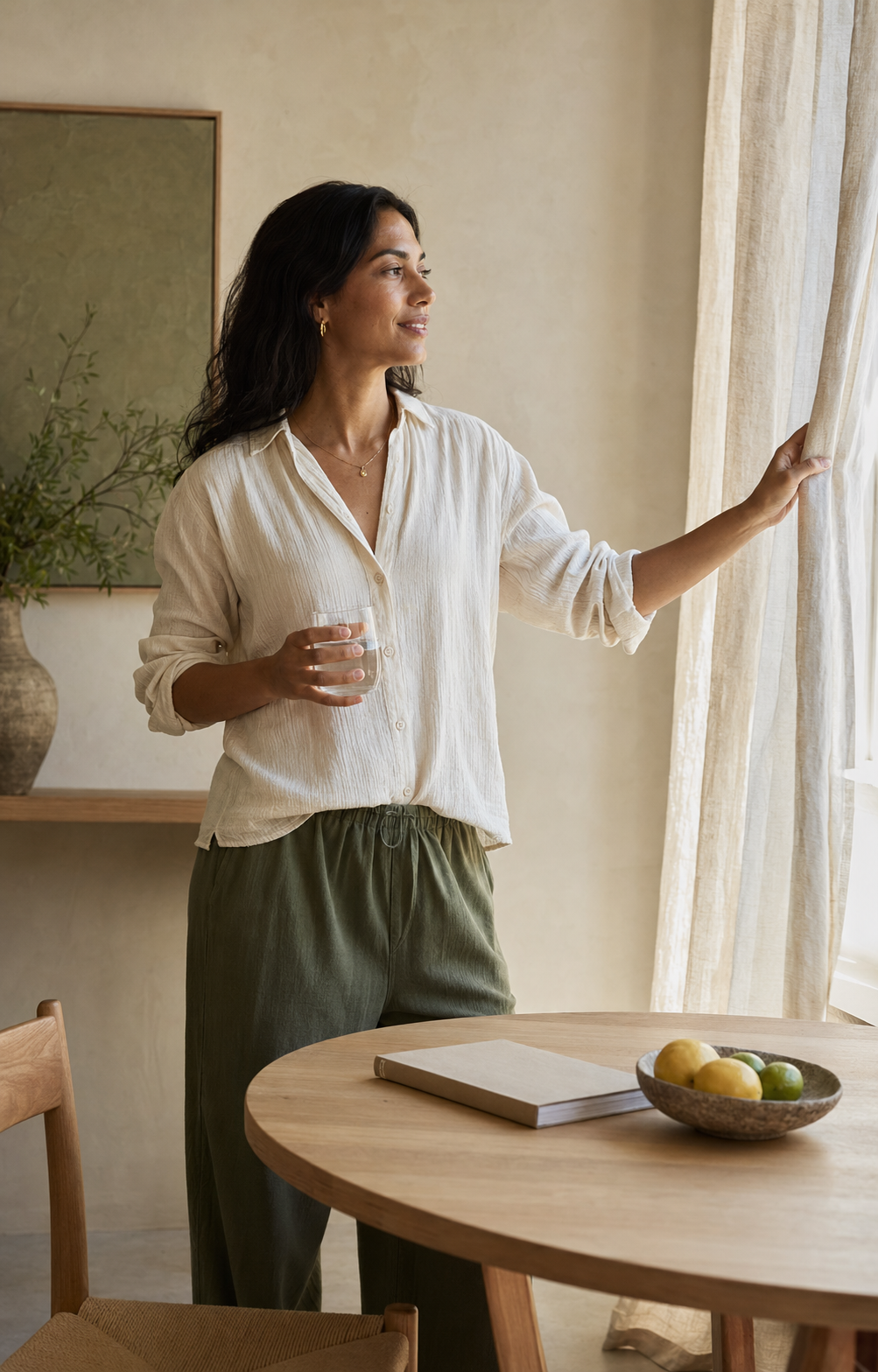 Mujer comenzando la mañana con tranquilidad y un vaso de agua