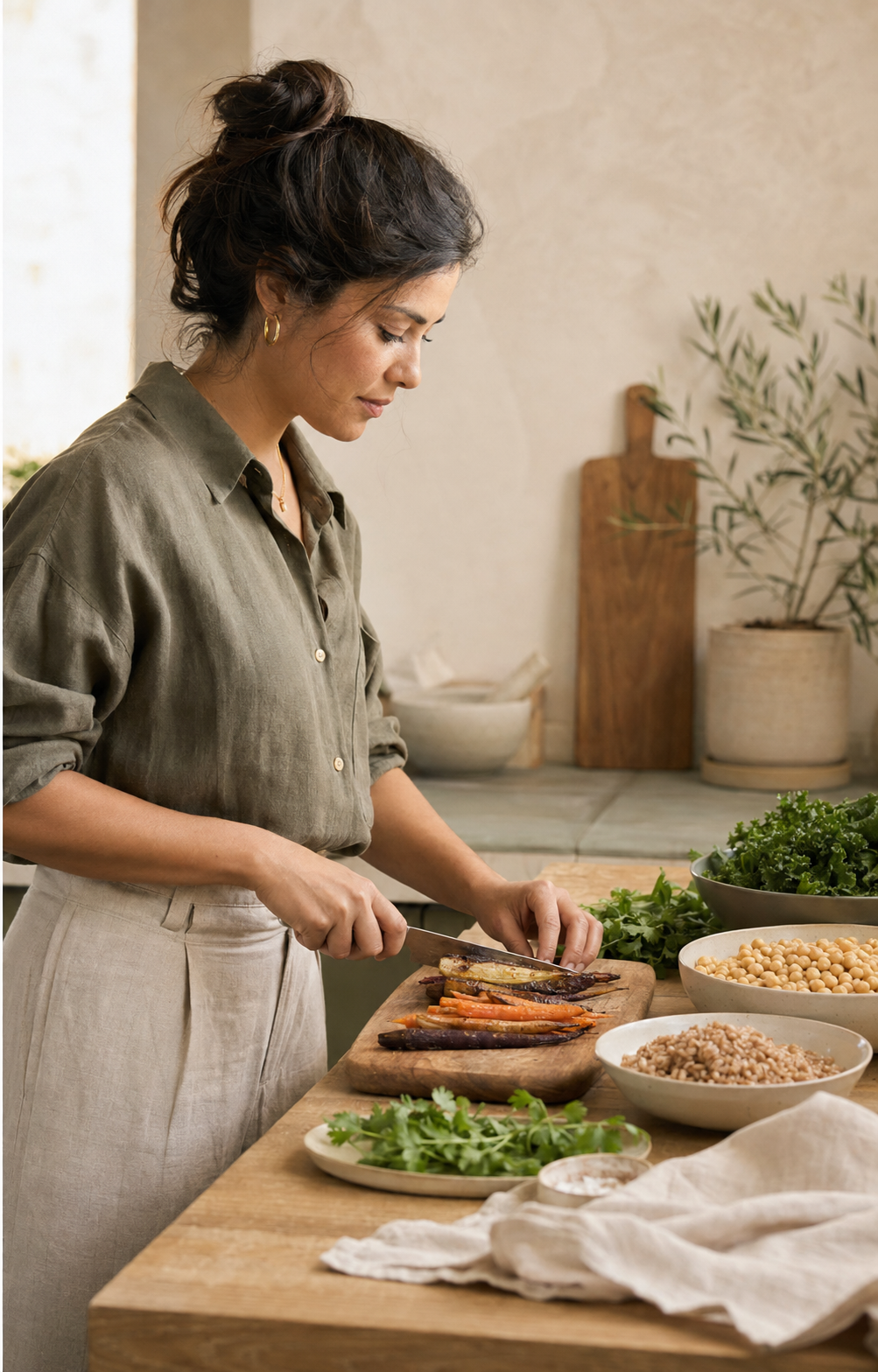 Mujer preparando ingredientes naturales en una cocina iluminada