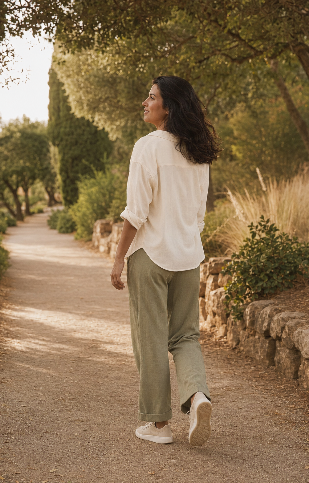 Mujer caminando tranquilamente por un sendero rodeado de vegetación