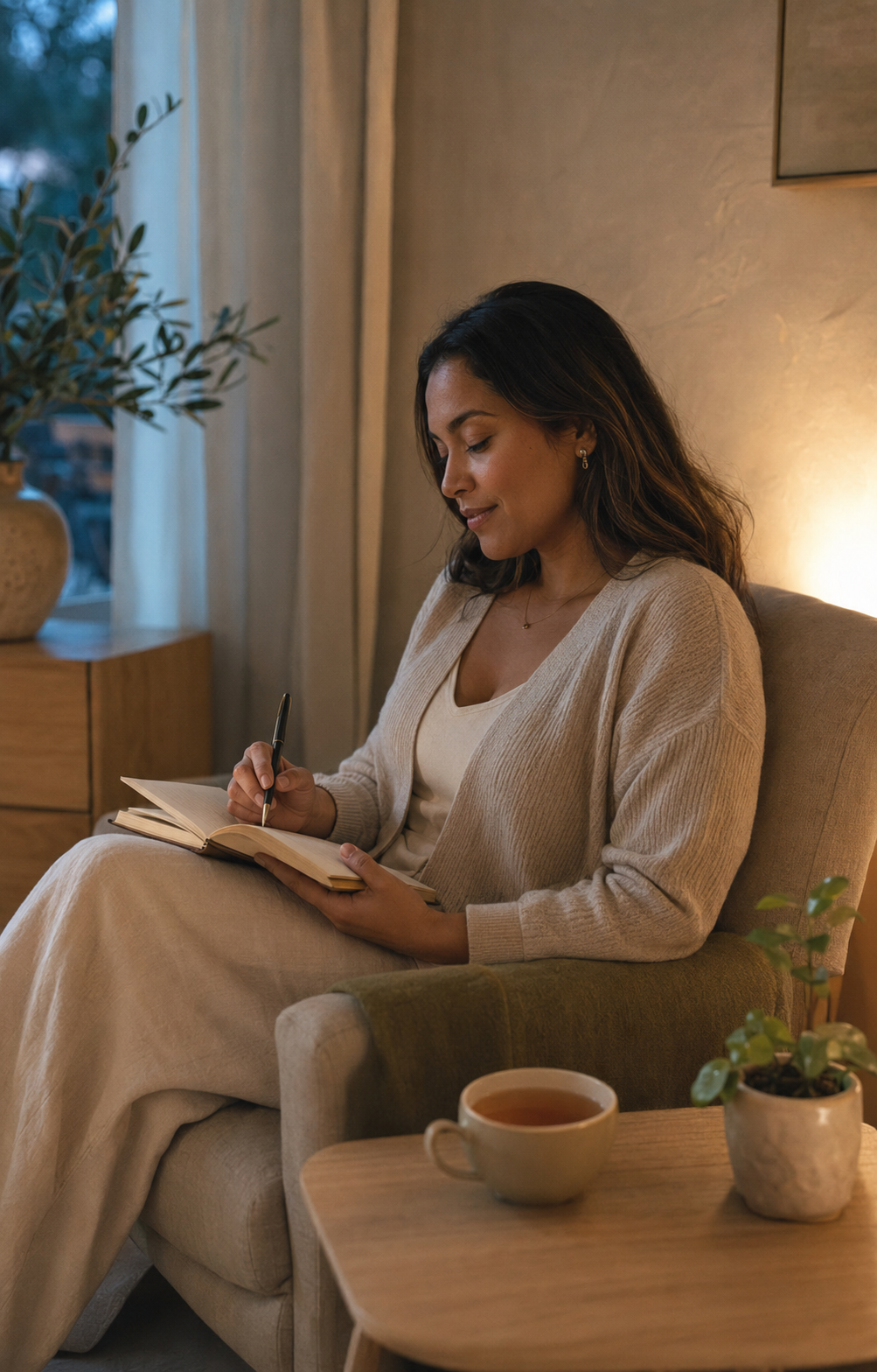 Mujer registrando su progreso en un cuaderno durante un momento tranquilo